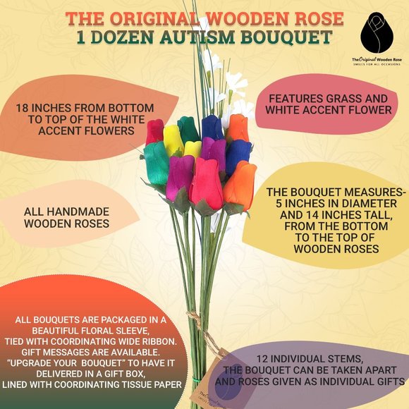 1 Doz Autism Aware Rainbow Wooden Roses Flower Bouquet. The Original Wooden Rose - Picture 3 of 8
